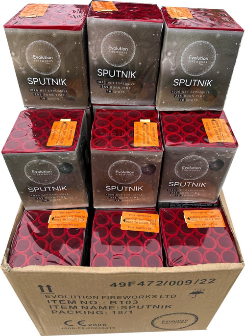 a box of Sputnik fireworks sitting on top of each other