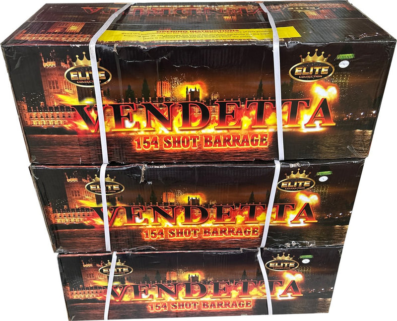 a stack of Vendetta firework boxes sitting on top of each other