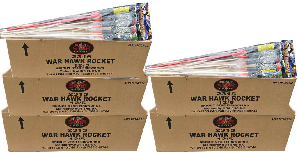 five boxes of war hawk rockets are shown